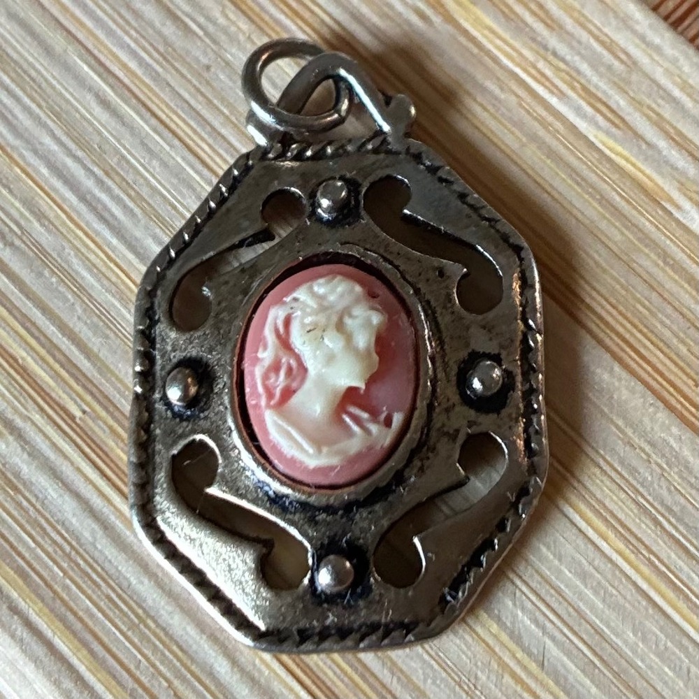 Vintage Pink Resin Cameo Octagonal Filigree Pendant Charm Silvertone